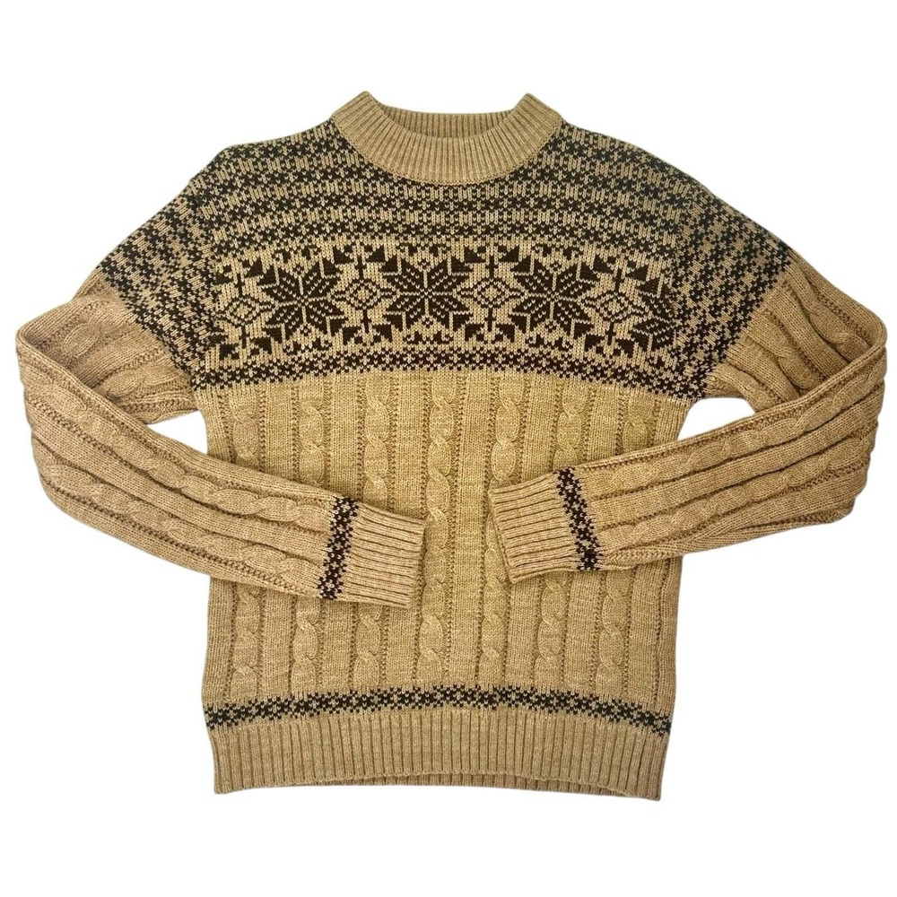 VTG Christopher Rand Fair Isle Cable Knit Sweater Tan Brown Snowflake Unisex S/M